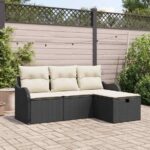 Gartensofa-set mit Kissen 4 pcs Schwarz und Creme Poly-Rattan