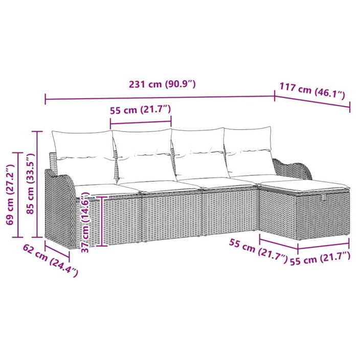 Garten-Sofa-Set mit Kissen 5 pcs Schwarz und Creme Poly Rattan – Bild 9