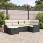 Garten-Sofa-Set mit Kissen 6 pcs Schwarz und Creme Poly Rattan