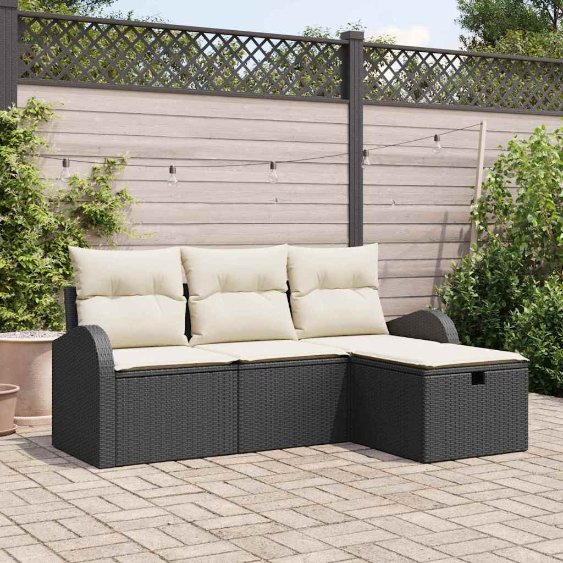 3359046_1.jpg Sofa Set mit Kissen 4 pcs Schwarz und Creme Poly-Rattan – Bild 1