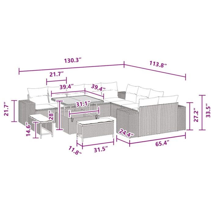 Gartensofa-set mit Kissen 13 pcs Schwarz Poly-Rattan – Bild 12