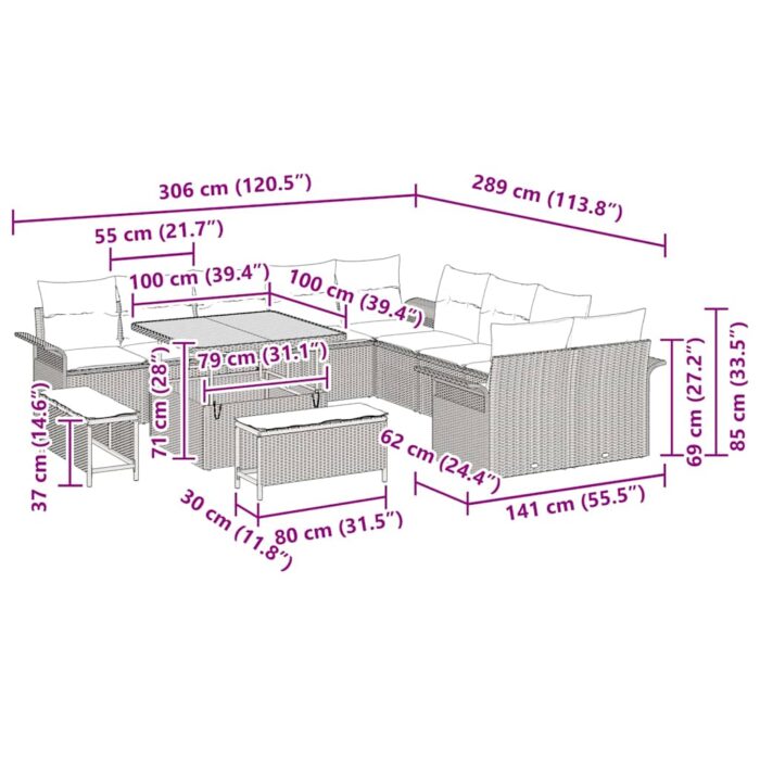 Gartensofa-set mit Kissen 13 pcs Schwarz Poly-Rattan – Bild 12