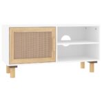 TV-Schrank Weiss 80x30x40 cm Massivholz Kiefer und Natur-Rattan – Bild 2