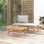 3-tlg. Garten-Lounge-Set mit Hellgrauen Kissen Bambus