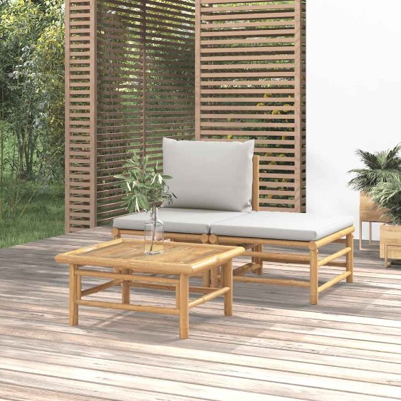 362275_1.jpg 3-tlg. Garten-Lounge-Set mit Hellgrauen Kissen Bambus – Bild 1