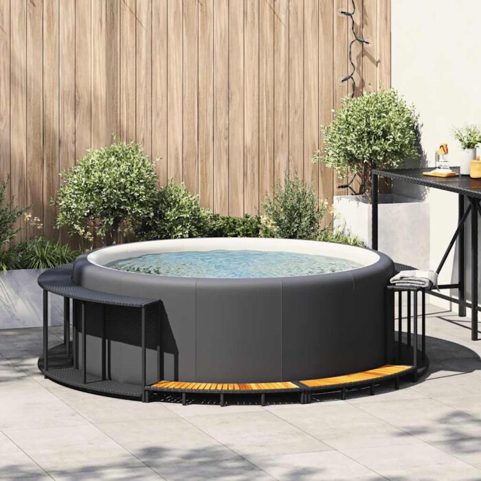 Whirlpool-Umrandung mit Stauraum Holztreppe Schwarz Poly Rattan – Bild 3