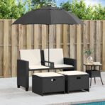 Gartensofa 2-Sitzer Sonnenschirm und Hocker Schwarz Poly-Rattan – Bild 3