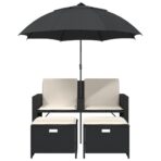 Gartensofa 2-Sitzer Sonnenschirm und Hocker Schwarz Poly-Rattan – Bild 4