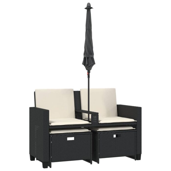 Gartensofa 2-Sitzer Sonnenschirm und Hocker Schwarz Poly-Rattan – Bild 7