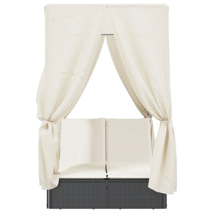 Doppel-Sonnenliege mit Dach und Vorhängen Schwarz Poly-Rattan – Bild 4