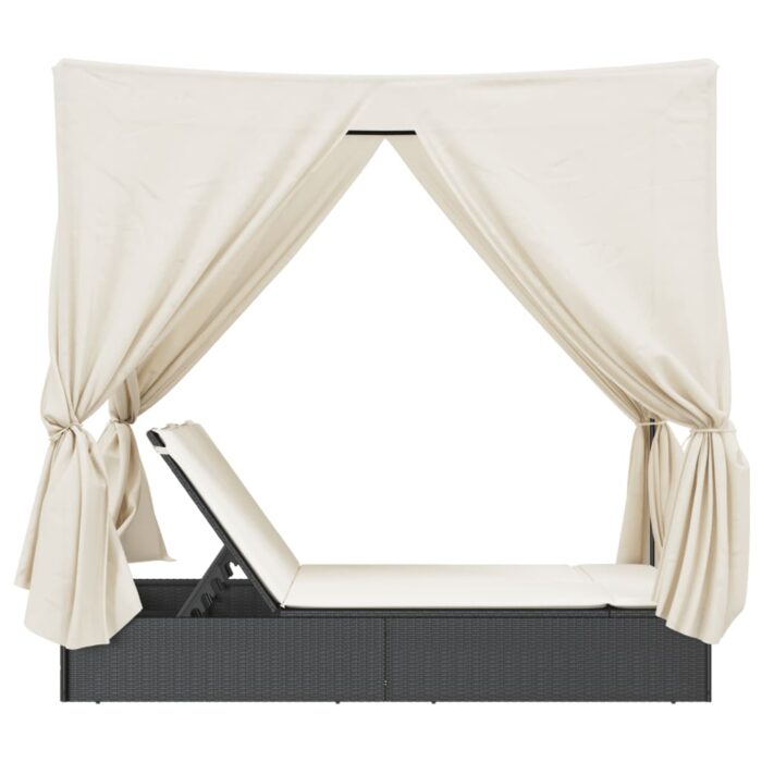 Doppel-Sonnenliege mit Dach und Vorhängen Schwarz Poly-Rattan – Bild 5