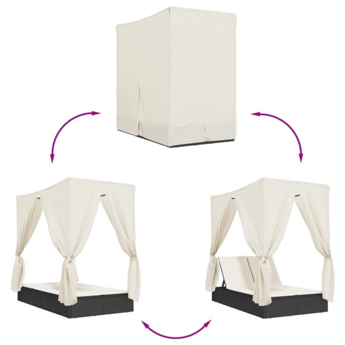 Doppel-Sonnenliege mit Dach und Vorhängen Schwarz Poly-Rattan – Bild 7