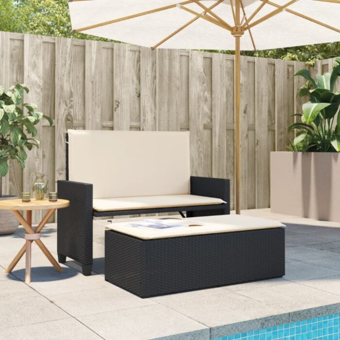 Gartenbank mit Kissen und Hocker Schwarz Poly Rattan – Bild 3