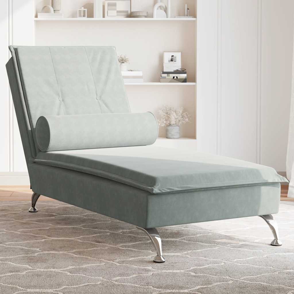 379450_1.jpg Massage-Chaiselongue mit Nackenrolle Hellgrau Samt – Bild 1