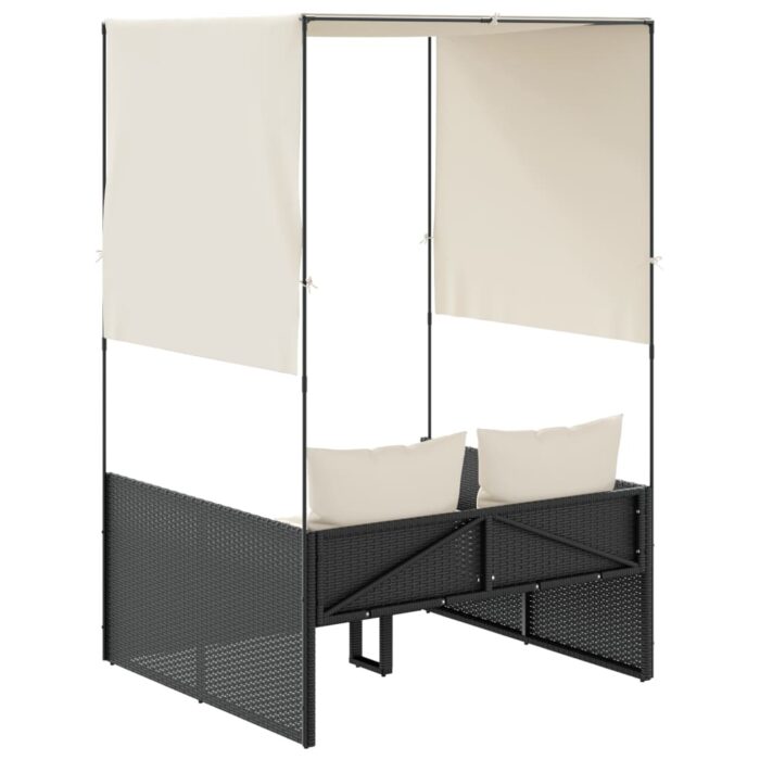 Doppel-Sonnenliege mit Dach und Vorhängen Schwarz Poly-Rattan – Bild 5