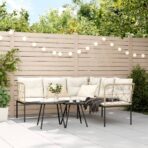 Gartensofa in L-Form mit Kissen Schwarz Stahl und Textilene – Bild 3