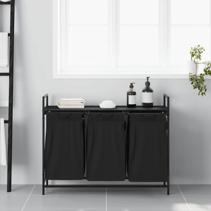 Wäschekorb 3 Fächer mit Ablage Schwarz Eichen-Optik – Bild 3