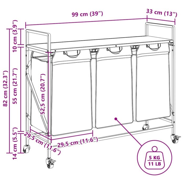 Wäschekorb 3 Fächer mit Rädern Schwarze Eiche – Bild 13