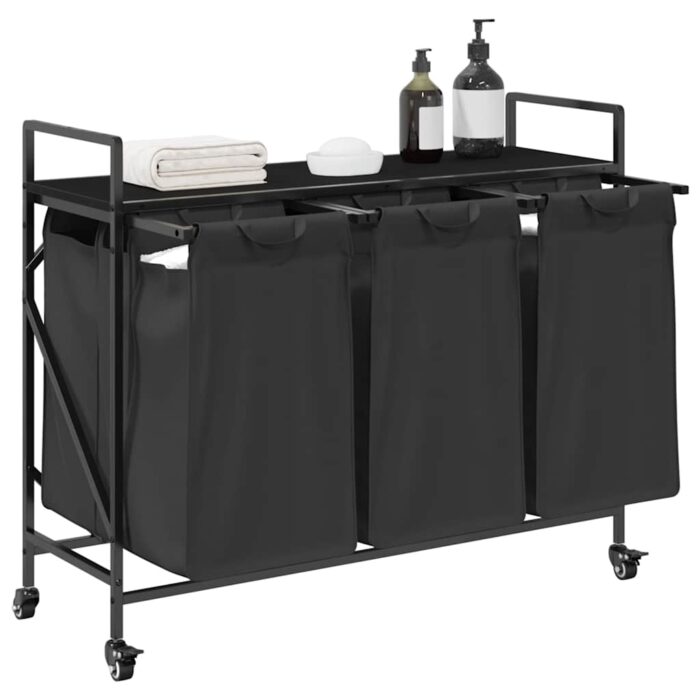 Wäschekorb 3 Fächer mit Rädern Schwarze Eiche – Bild 4