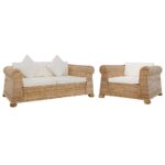 2-tlg. Sofagarnitur mit Kissen Natur Rattan
