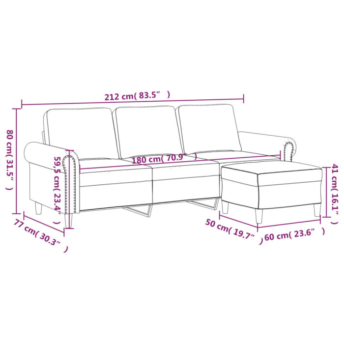 3-Sitzer-Sofa mit Hocker Hellgrau 180 cm Samt – Bild 7