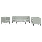 3-tlg. Chesterfield-Sofa-Set mit Nackenrollen Hellgrau Samt
