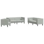 3-tlg. Chesterfield-Sofa-Set mit Nackenrollen Hellgrau Samt – Bild 2