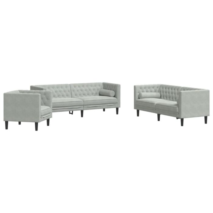 3-tlg. Chesterfield-Sofa-Set mit Nackenrollen Hellgrau Samt – Bild 2