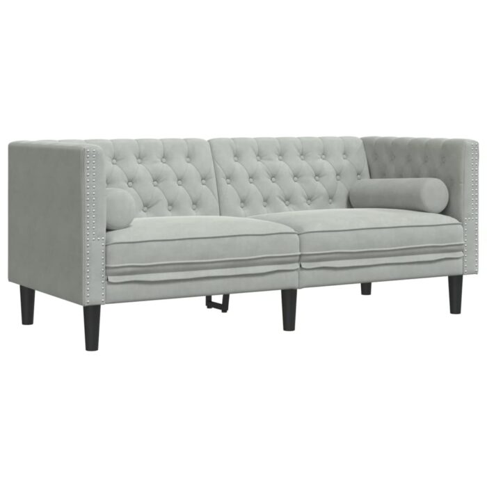 3-tlg. Chesterfield-Sofa-Set mit Nackenrollen Hellgrau Samt – Bild 5