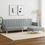 Schlafsofa 2-Sitzer mit Fusshocker Hellgrau Stoff