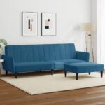 Schlafsofa 2-Sitzer mit Fusshocker Blau Samt