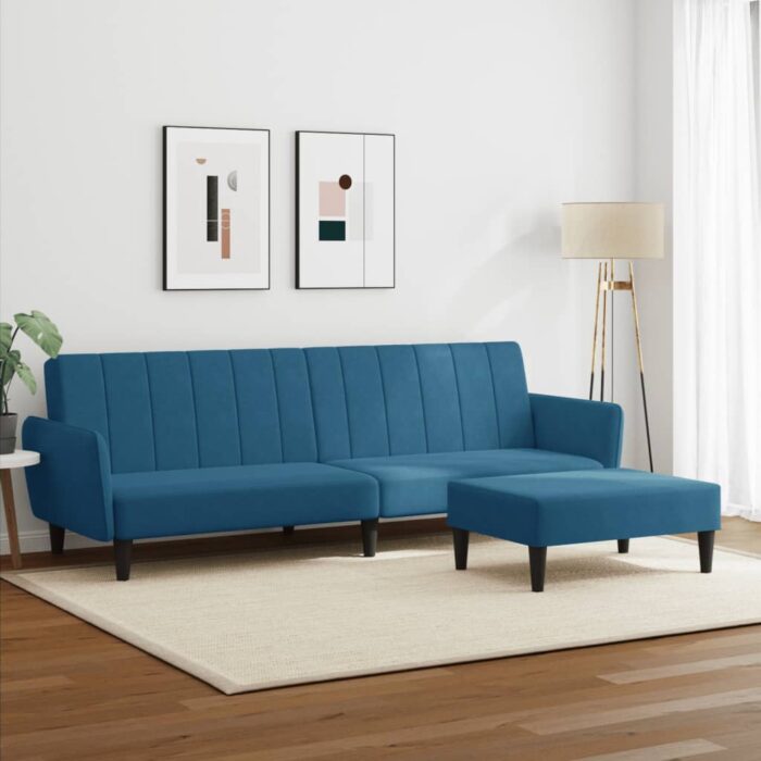 Schlafsofa 2-Sitzer mit Fusshocker Blau Samt – Bild 3
