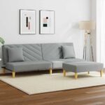 Schlafsofa 2-Sitzer mit Kissen und Fusshocker Hellgrau Stoff