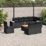 9-tlg. Garten-Sofagarnitur mit Kissen Schwarz Poly Rattan