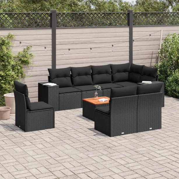 3257812_1.jpg 9-tlg. Garten-Sofagarnitur mit Kissen Schwarz Poly Rattan – Bild 1