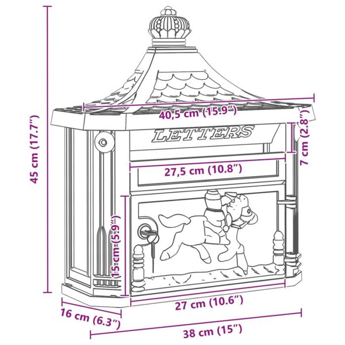 Wandmontierter Briefkasten Grün 40,5 x 16 x 45 cm Gussaluminium – Bild 11
