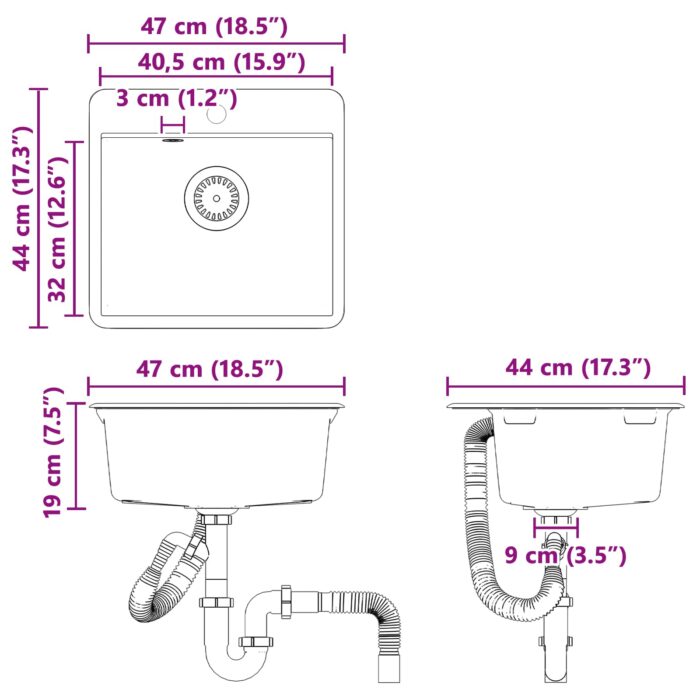 Waschbecken Schwarz 470 x 440 mm Granit – Bild 9
