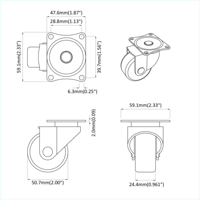 Drehrolle 2 pcs Silber 60 x 60 x 50 mm Eisen und Nylon – Bild 10