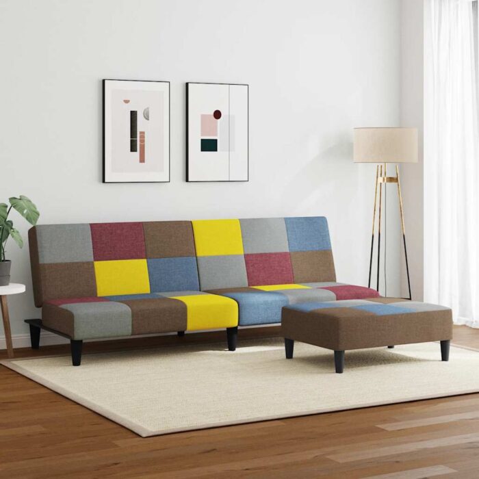 Schlafsofa 2-Sitzer mit Fusshocker Patchwork Stoff – Bild 3