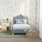 Kinderbettgestell mit Kopfteil Hellgrau 70 x 140 cm Stoff – Bild 3