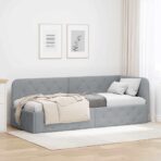 Eckbettgestell mit Kopfteil Hellgrau 80 x 200 cm Stoff