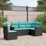 5-tlg. Garten-Sofagarnitur mit Kissen Schwarz Poly Rattan