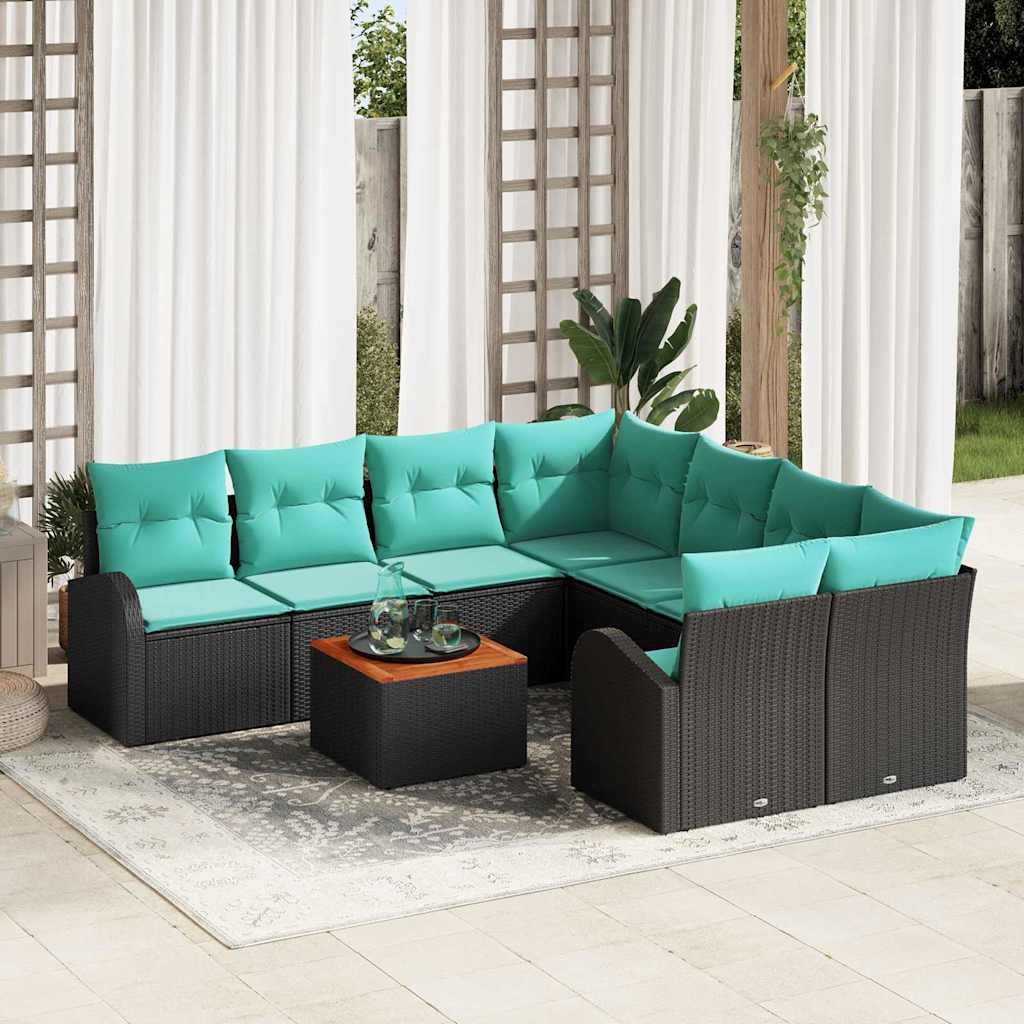 3356233_1.jpg Gartensofa-set 9 Stk. Schwarz und Türkis Poly-Rattan – Bild 1