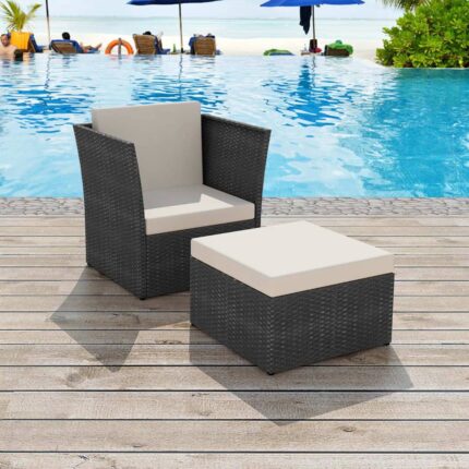 Gartensessel mit Fusshocker Poly Rattan Schwarz